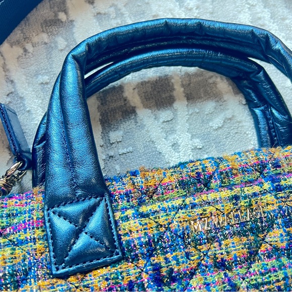 MZ WALLACE MINI METRO TOTE DELUXE Gold Multi Tweed with Metallic Blue Trim NWT - Picture 8 of 9